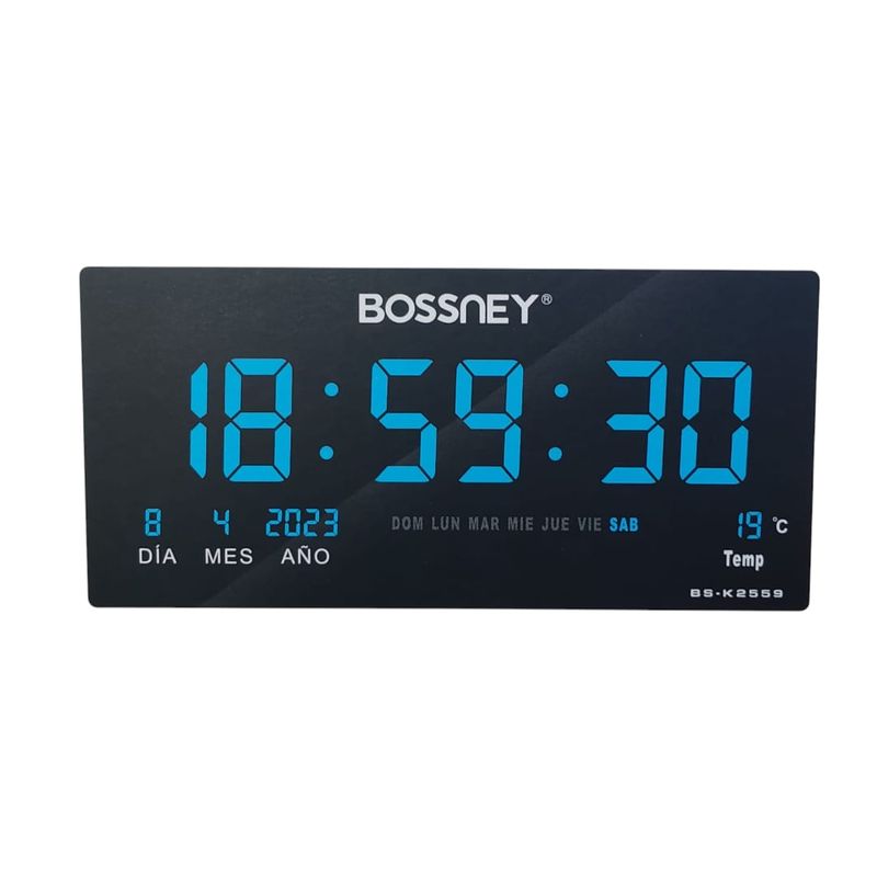 GENERICO - Reloj Digital BOSSNEY de Pared 46x22cm Hora Azul Fecha Temperatura