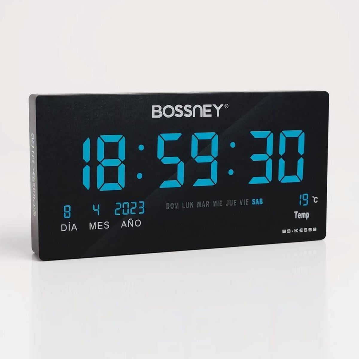 GENERICO - Reloj Digital BOSSNEY de Pared 46x22cm Hora Azul Fecha Temperatura