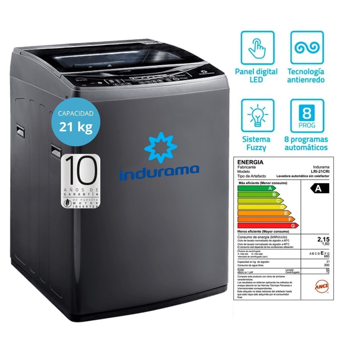 INDURAMA - Lavadora Inverter 21 Kg Inox Indurama
