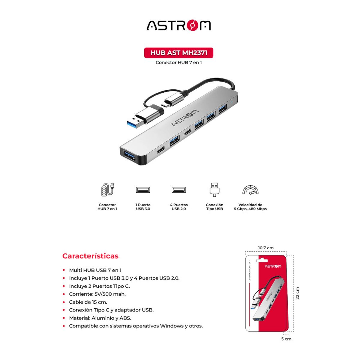 ASTROM - Adaptador Hub Astrom AST MH2371 USB 7 en 1