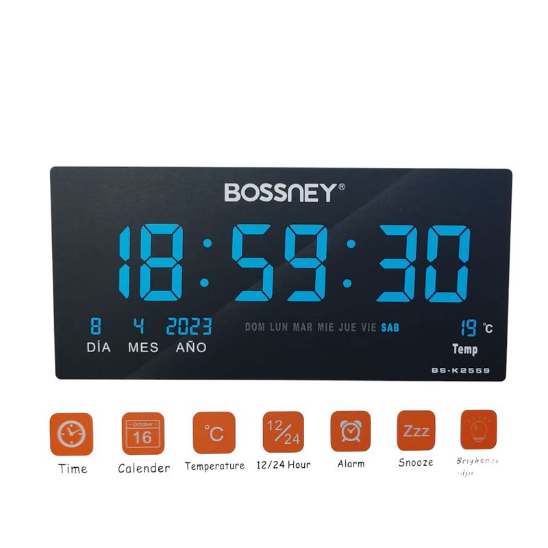 GENERICO - Reloj Digital BOSSNEY de Pared 46x22cm Hora Azul Fecha Temperatura