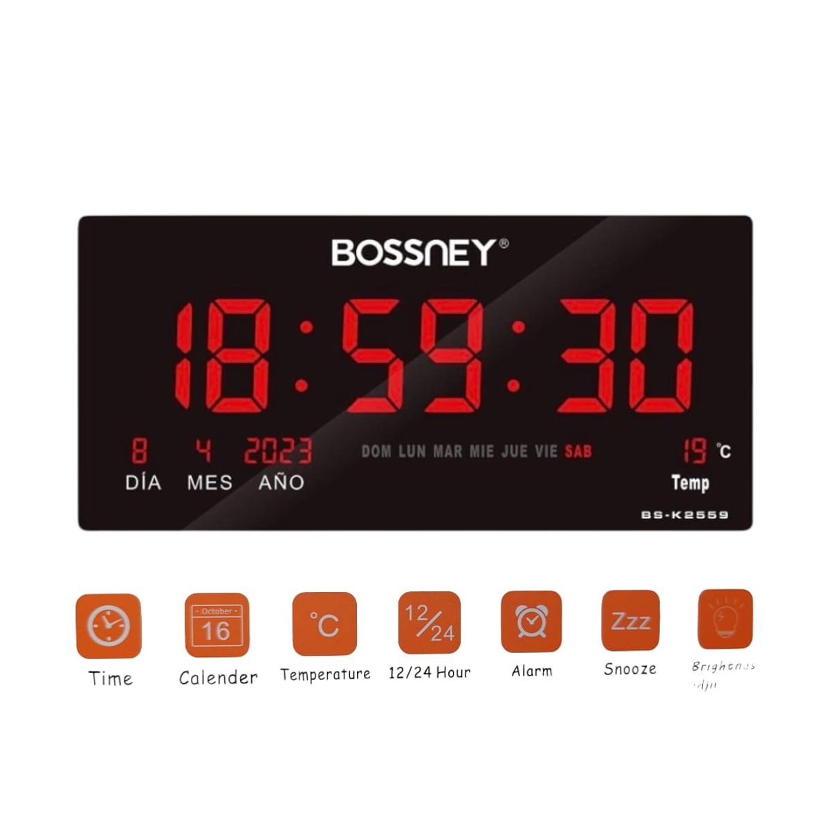 GENERICO - Reloj Digital BOSSNEY de Pared 46x22cm Hora Rojo Fecha Temperatura