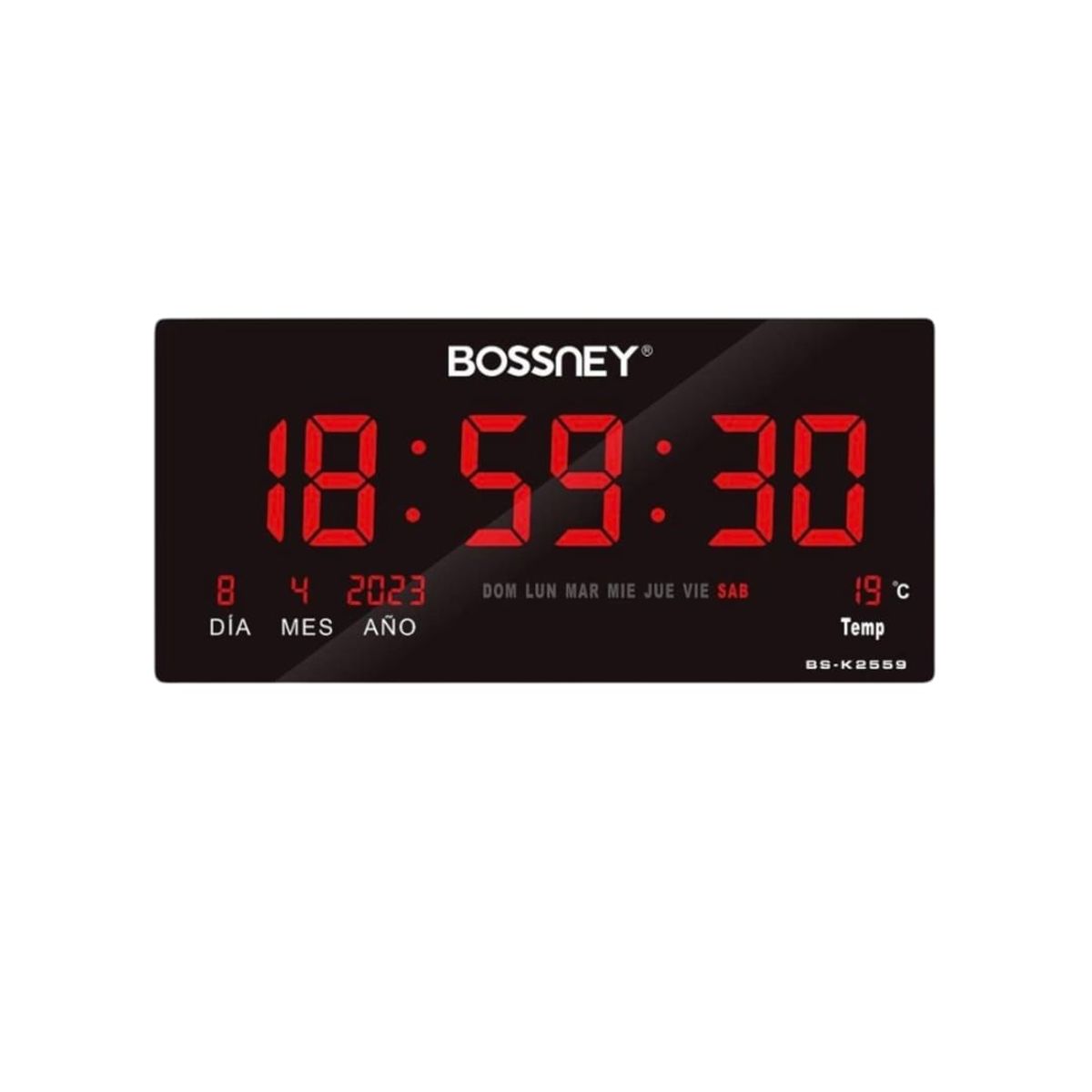 GENERICO - Reloj Digital BOSSNEY de Pared 46x22cm Hora Rojo Fecha Temperatura