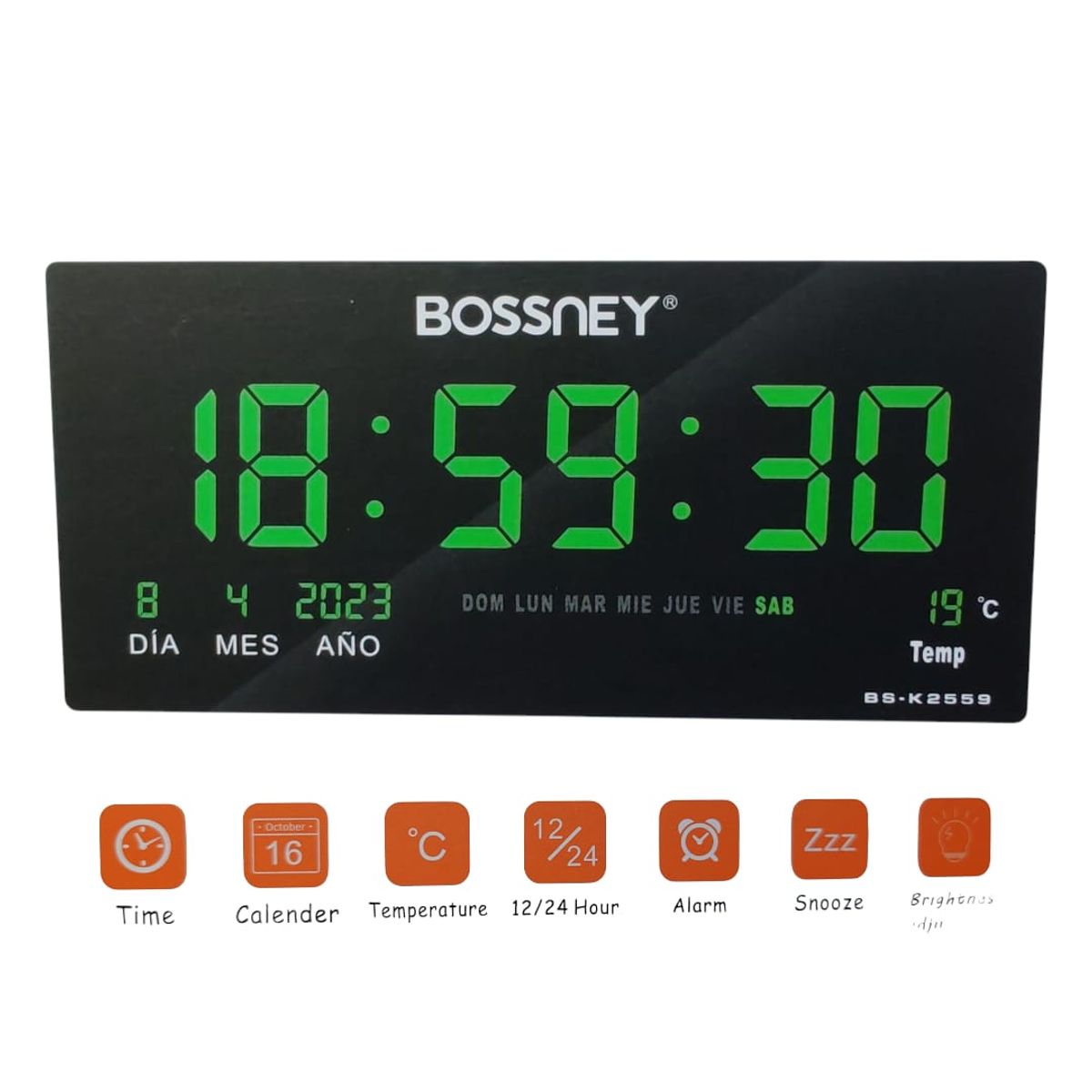 GENERICO - Reloj Digital BOSSNEY de Pared 46x22cm Hora Verde Fecha Temperatura