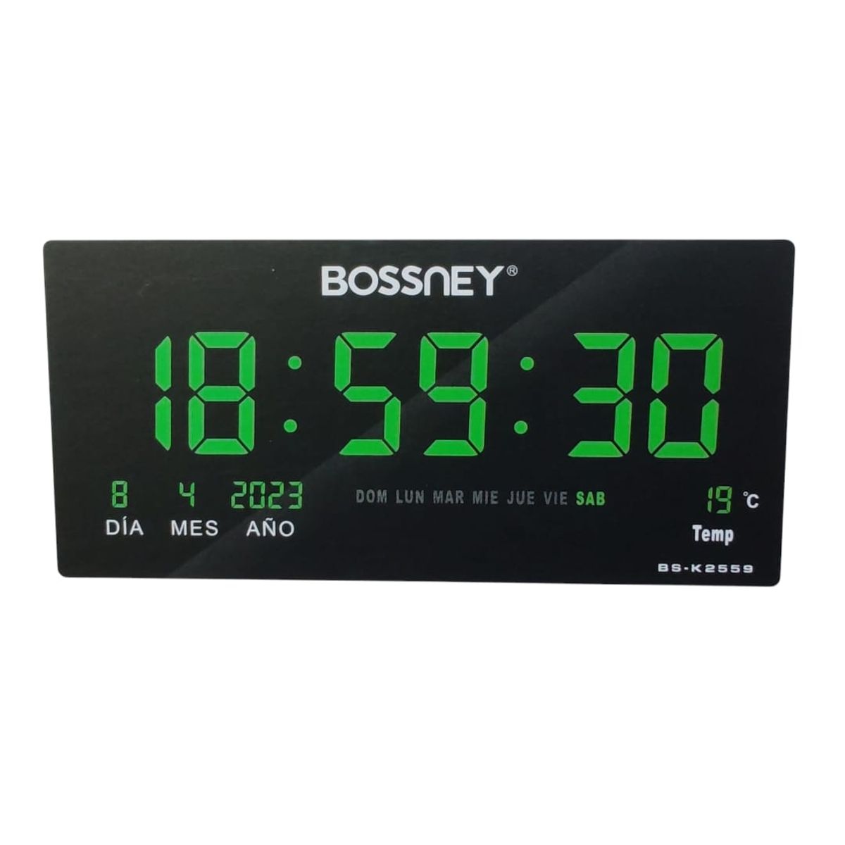 GENERICO - Reloj Digital BOSSNEY de Pared 46x22cm Hora Verde Fecha Temperatura