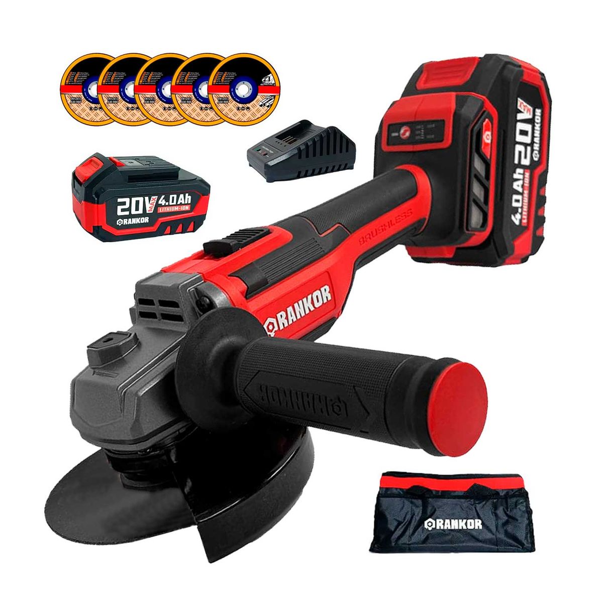 RANKOR - AMOLADORA ANGULAR 20V ESMERIL 5'' RANKOR BRUSHLESS DISCOS