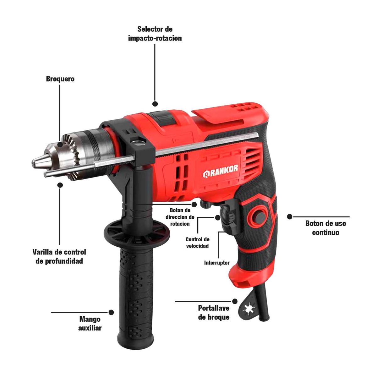 RANKOR - TALADRO PERCUTOR 750W ½' RANKOR ELÉCTRICO CONCRETO MADERA