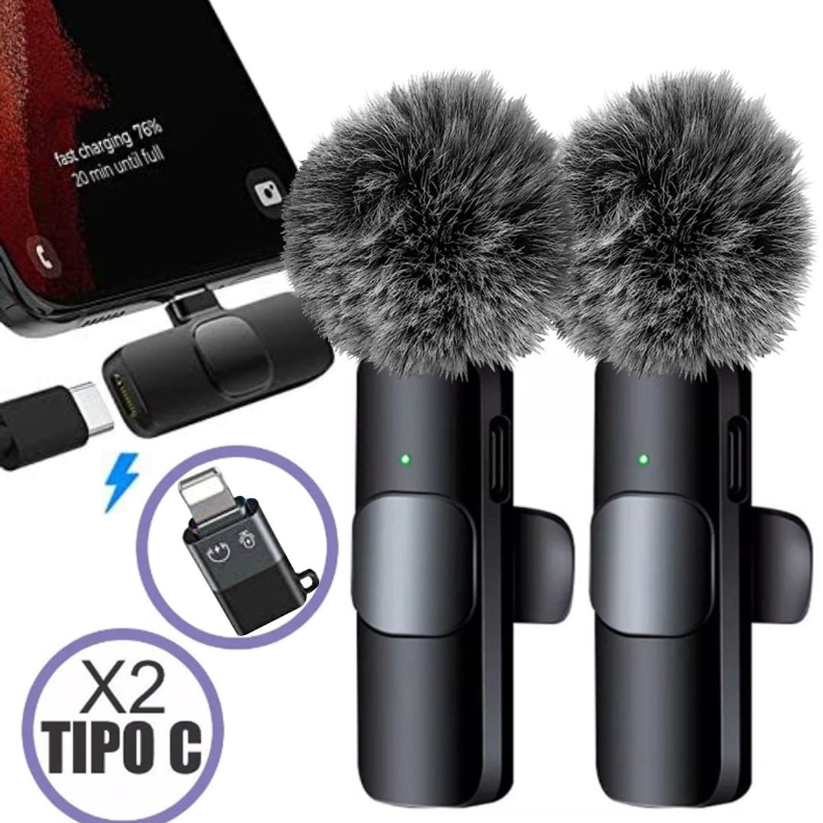 OEM - Micrófonos 2 en 1 K9 Tipo C con Adaptador iPhone y Filtros de peluche