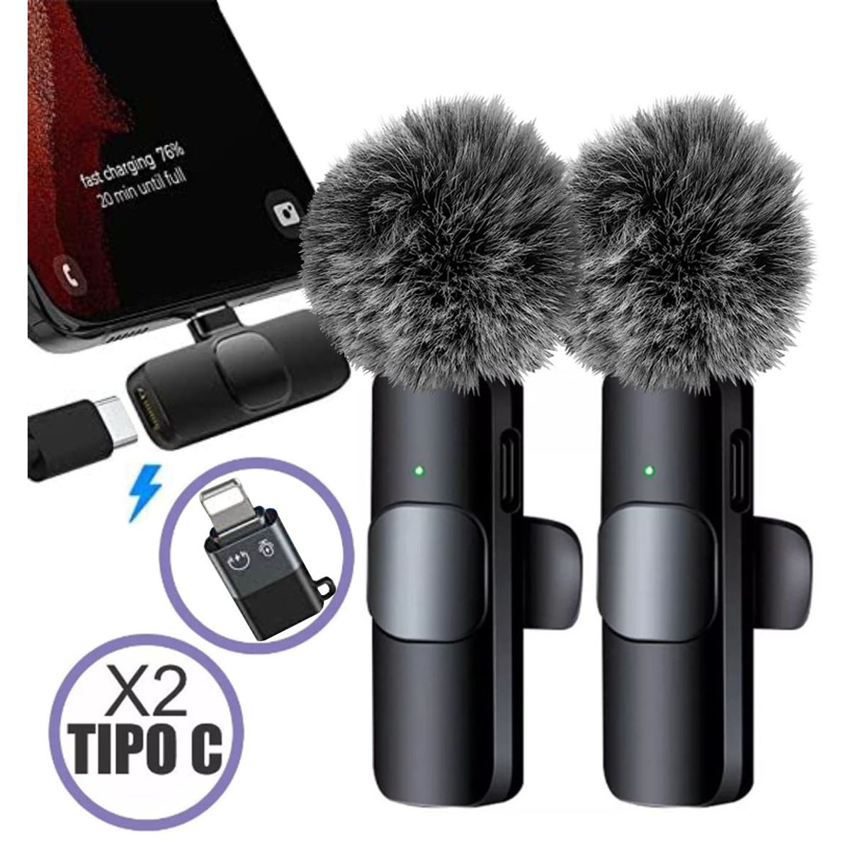 OEM - Micrófonos 2 en 1 K9 Tipo C con Adaptador iPhone y Filtros de peluche