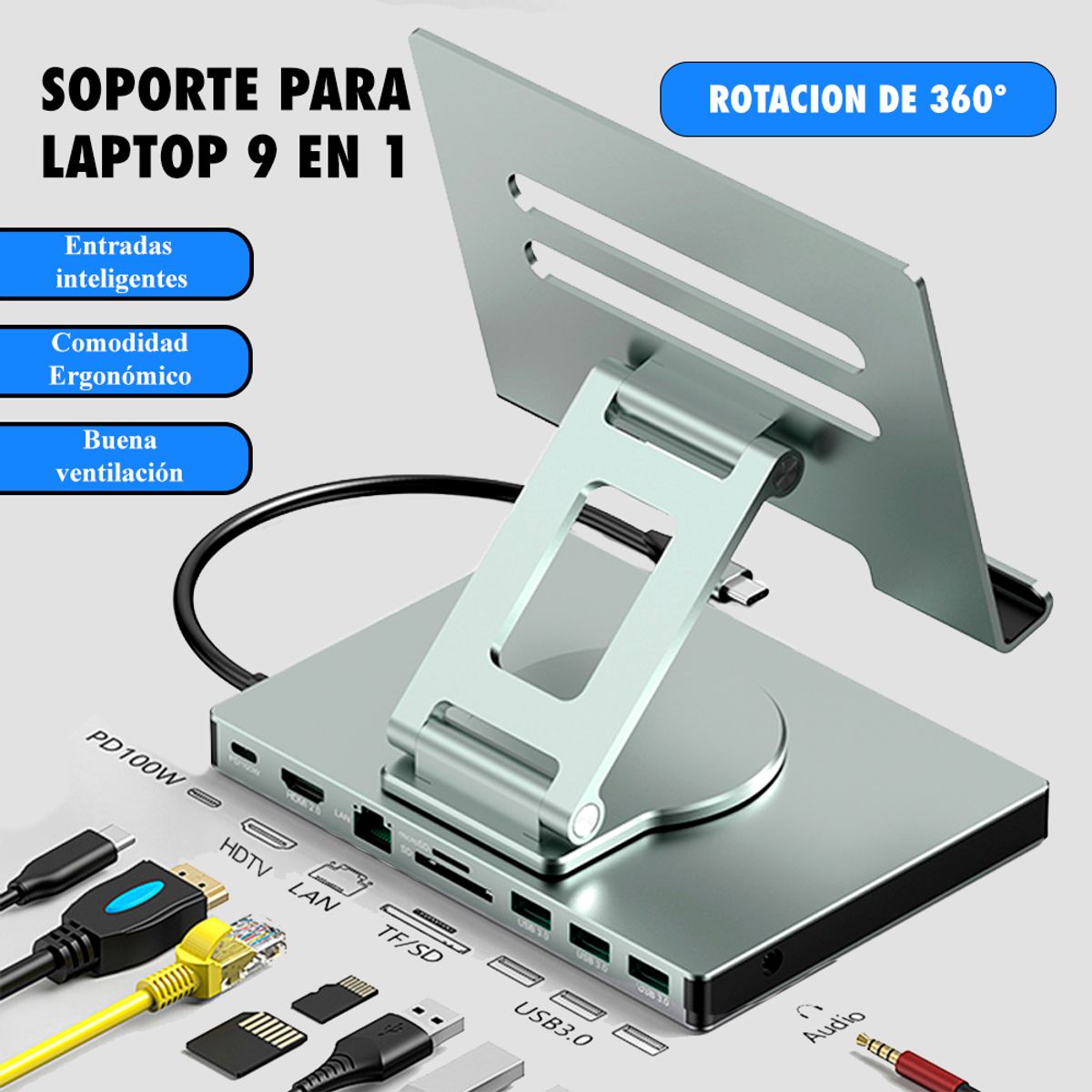 GENERICO - Soporte Base Laptop 360° Adaptador Inteligente hub 9 en 1 tipo c,hdmi, usb 3.0,rj45Gigalan