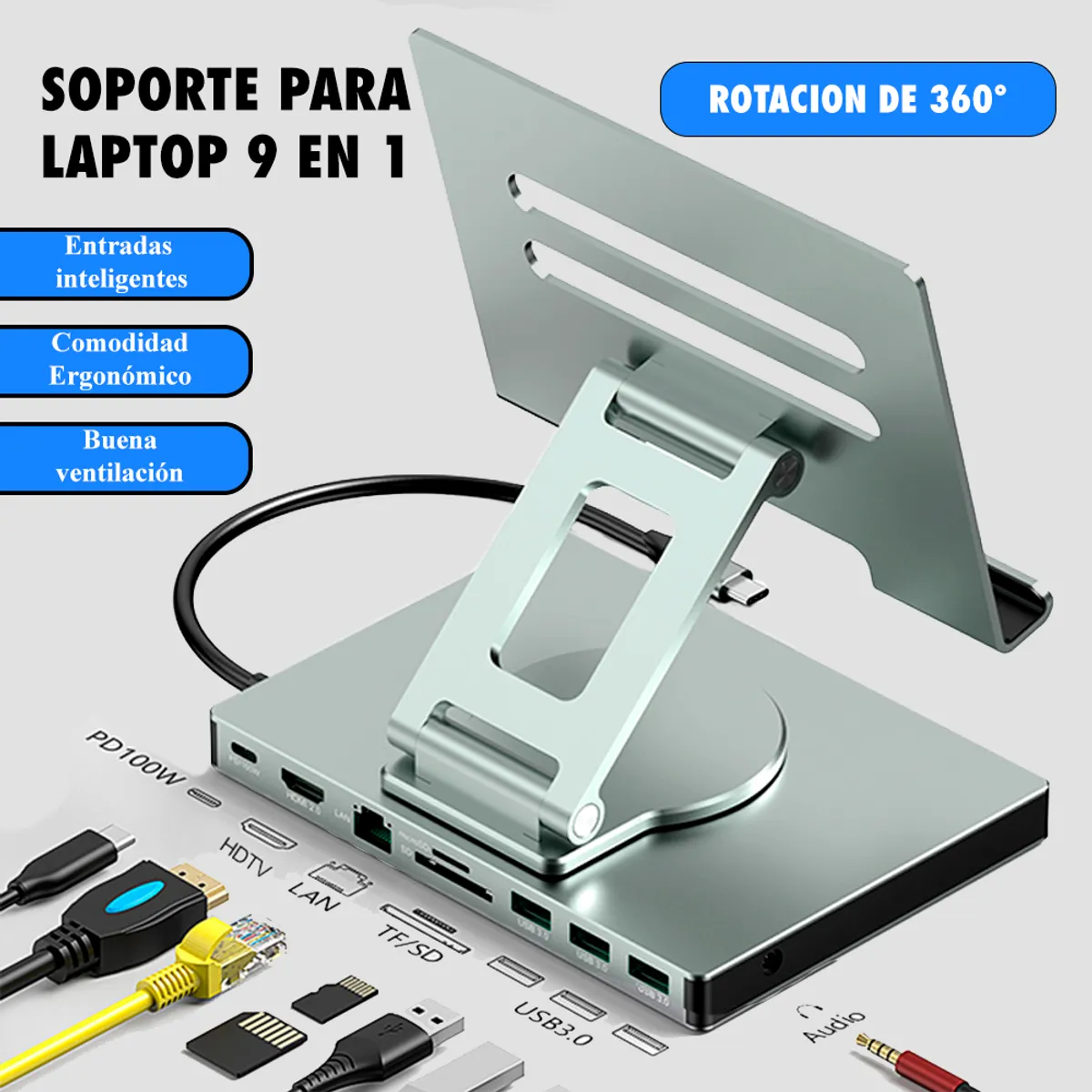 GENERICO - Soporte Base Laptop 360° Adaptador Inteligente hub 9 en 1 tipo c,hdmi, usb 3.0,rj45Gigalan