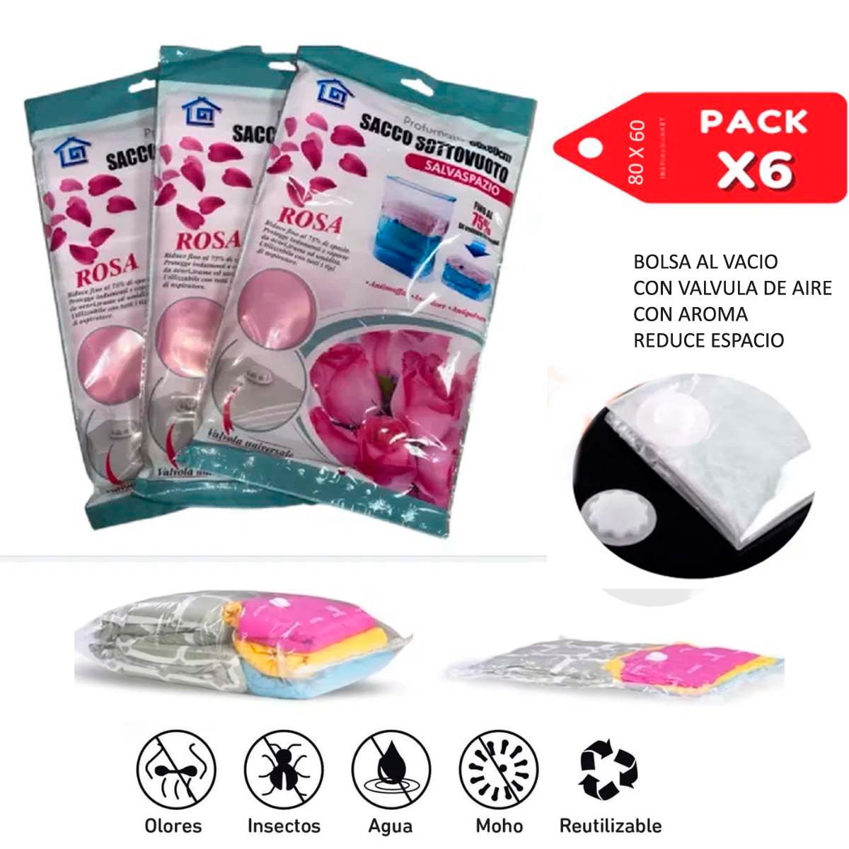 GENERICO - Bolsas Compresoras con aroma horra Espacio 6 Unidades + 1 succionador