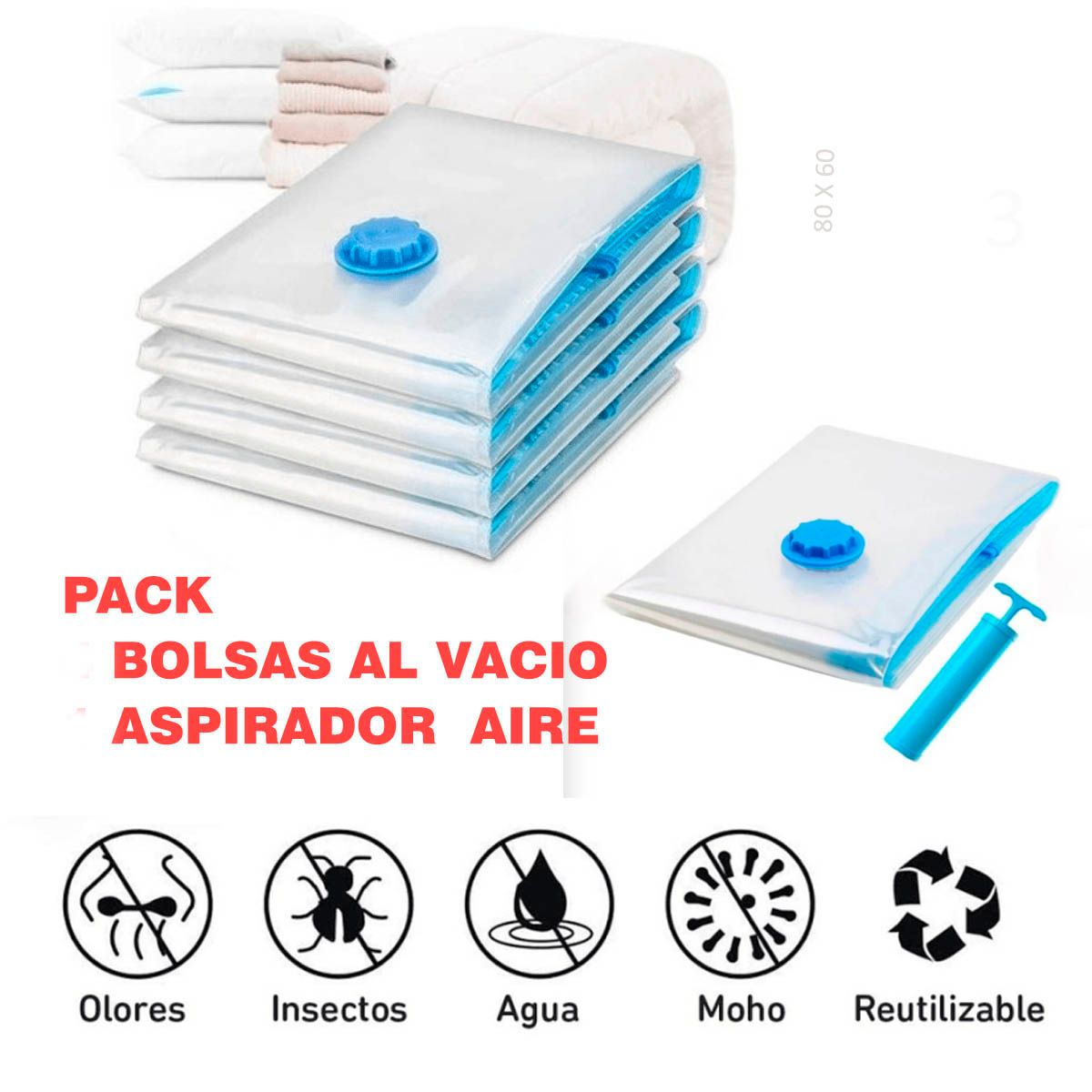 GENERICO - Bolsas Compresoras con aroma horra Espacio 6 Unidades + 1 succionador