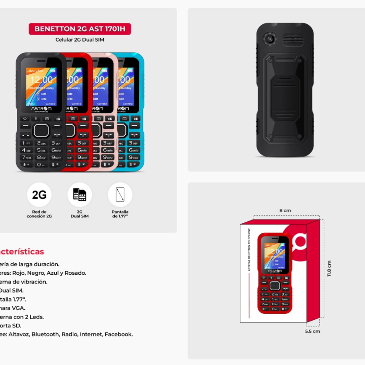 ASTROM - Celular Astrom 1701H Dual Sim 2G Color Rojo 2.4 benethon capacidad Dual SIM