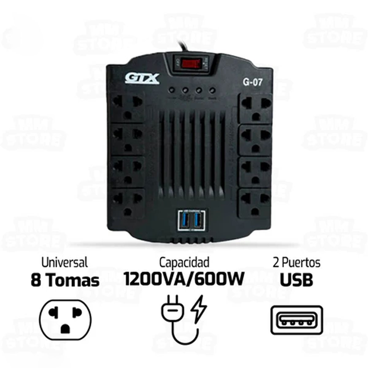 GENERICO - Estabilizador de Voltaje GTX G-07 1200VA con 8 Tomas y 2 USB