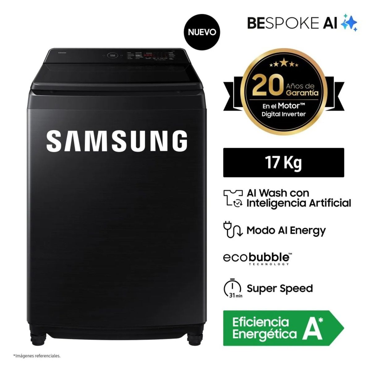 SAMSUNG - Lavadora SAMSUNG Carga Superior 17 Kg AI Wash EcoBubble WA80F17S8BPE Negro