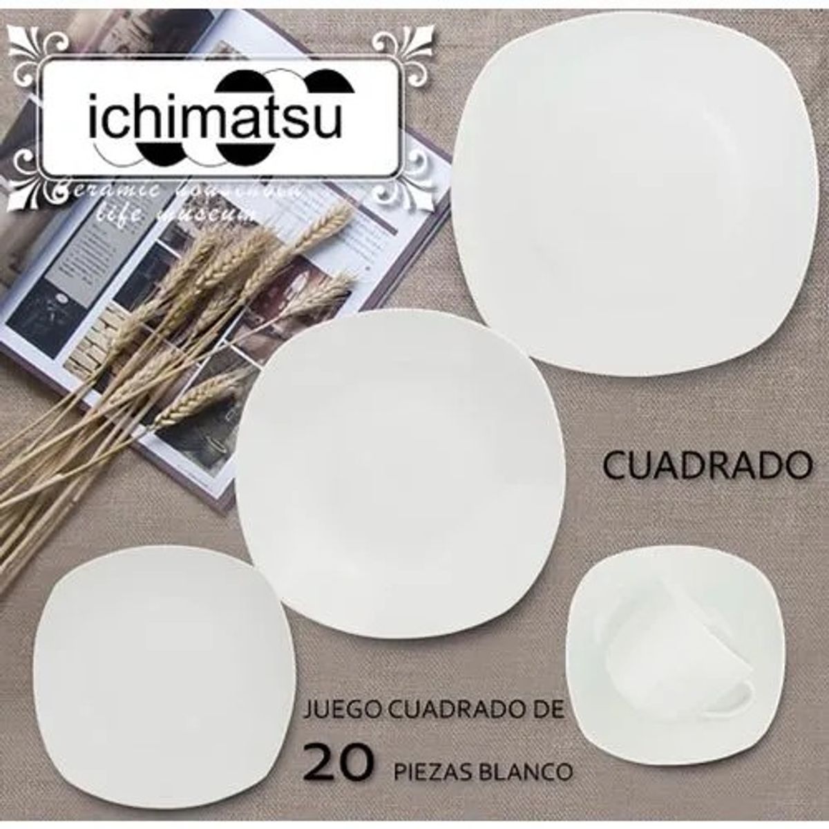 ICHIMATSU - Juego de Loza China X 20 Pz Cuadrado Blanco.