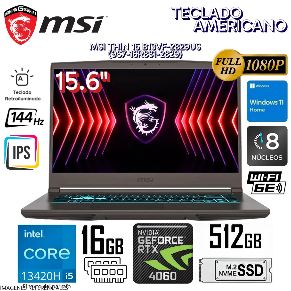MSI - Laptop Gamer MSI THIN 15 B13VF-2829US Intel® Core i5 13420H 16GB RAM 512GB SSD NVIDIA RTX 4060