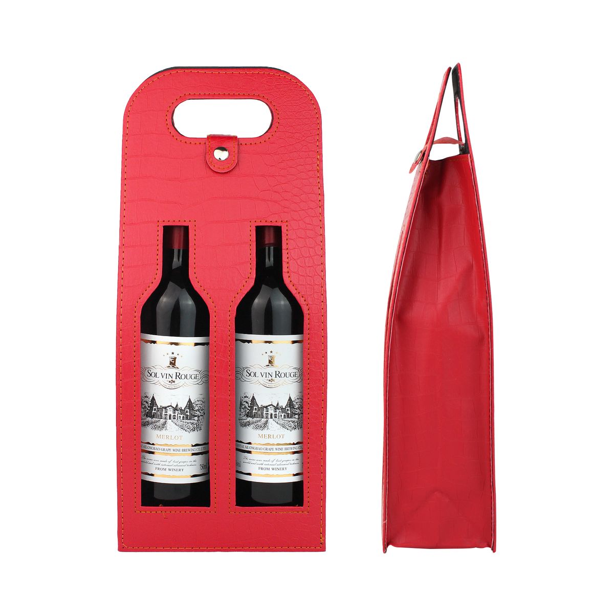 GENERICO - Bolsa De Regalo Para Vino De Cuero - Color Rojo Para 2 Botellas