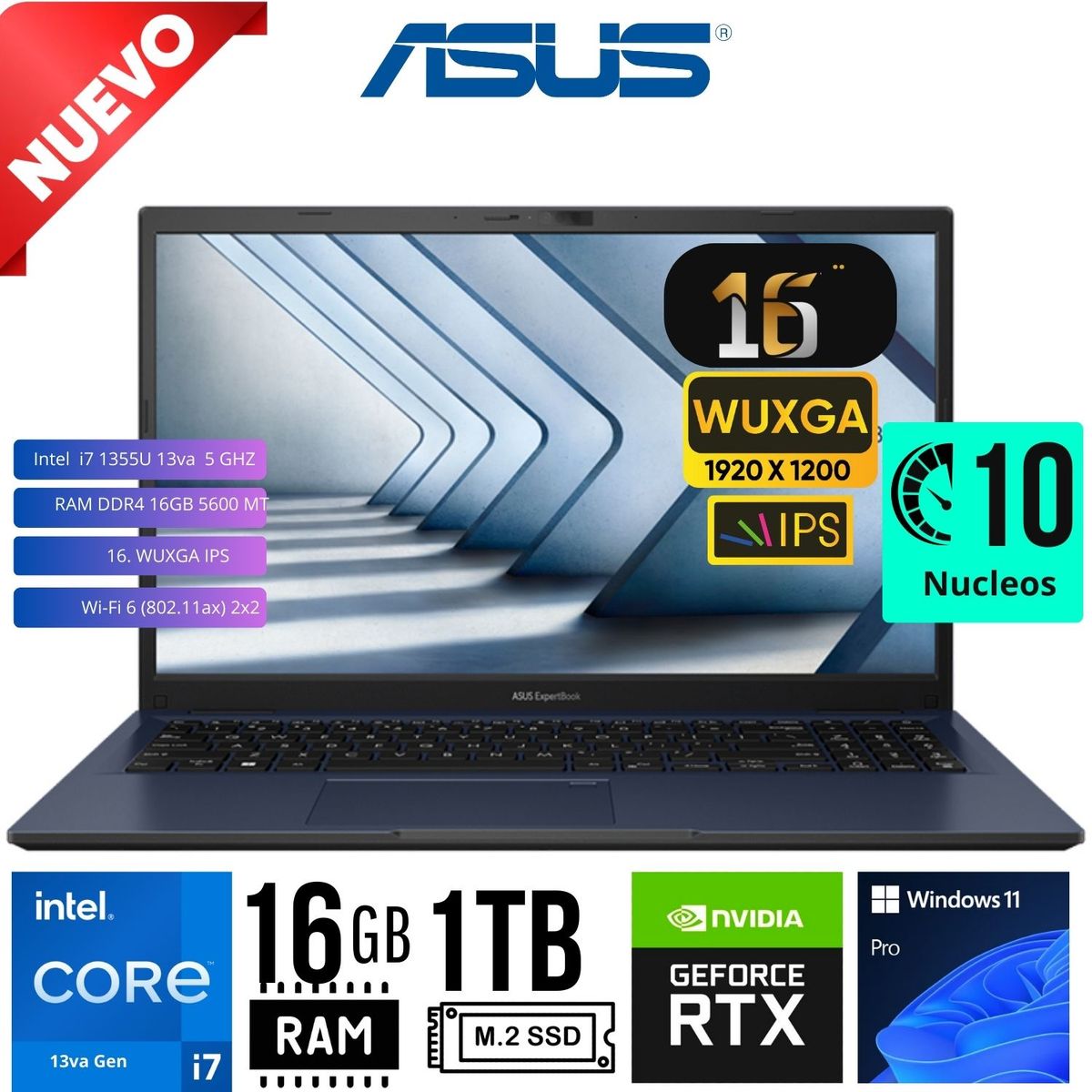ASUS - LAPTOP ASUS B3604CVF-Q90044X 16´ WUXGA Core i7 1355U RAM 16GB SSD 1TB RTX 2050 4GB W11 PRO