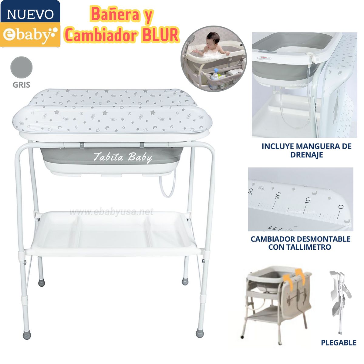 EBABY - Bañera cambiador plegable Blur Gris