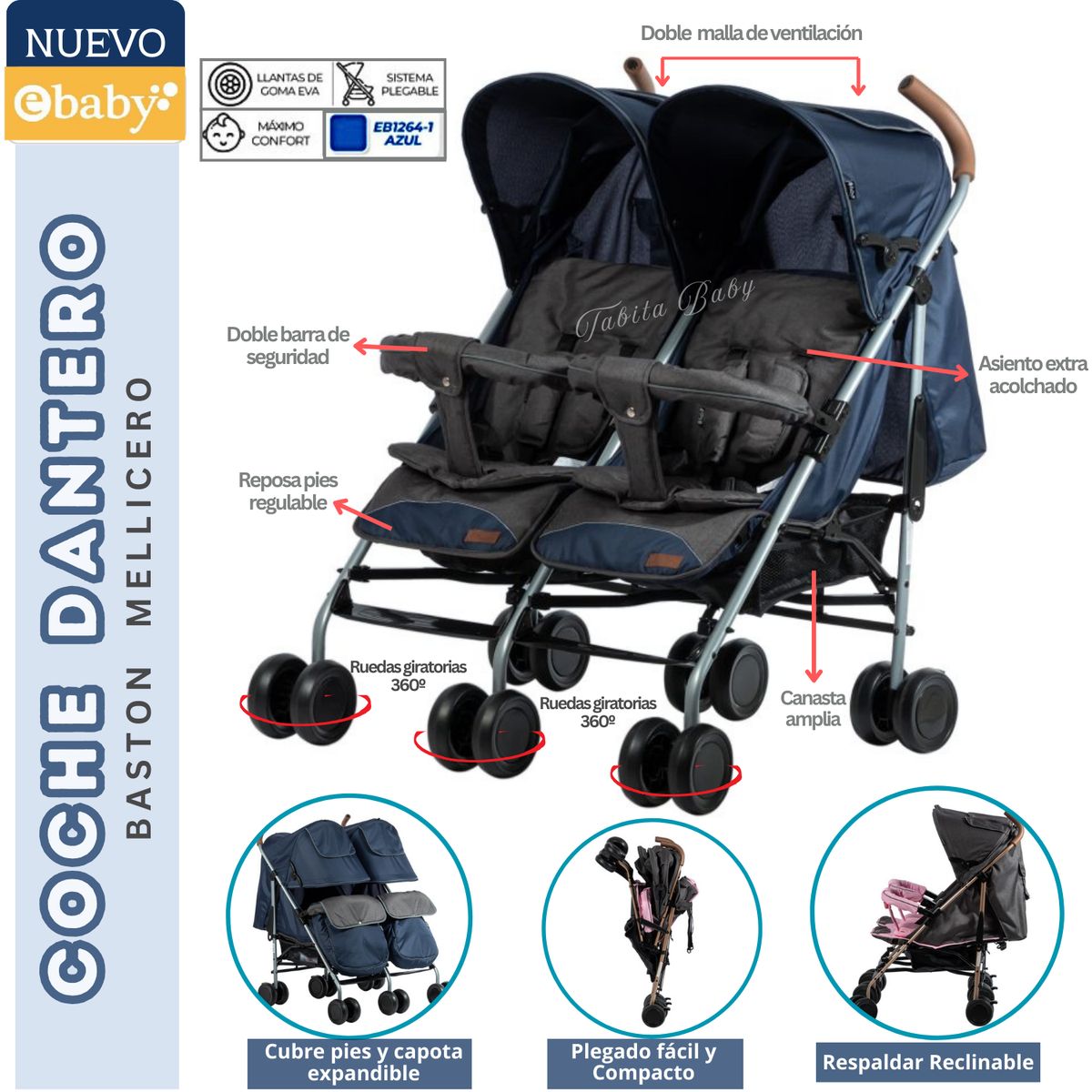 EBABY - Coche bastón Gemelar para bebé Dantero Azul Ebaby