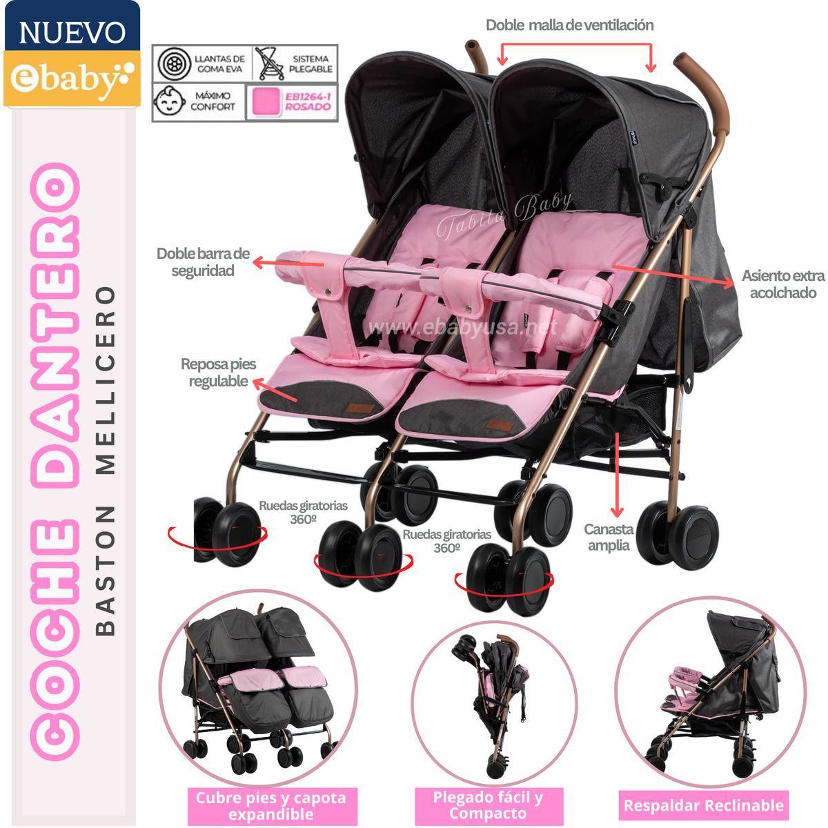 EBABY - Coche bastón Gemelar para bebé Dantero Rosado Ebaby