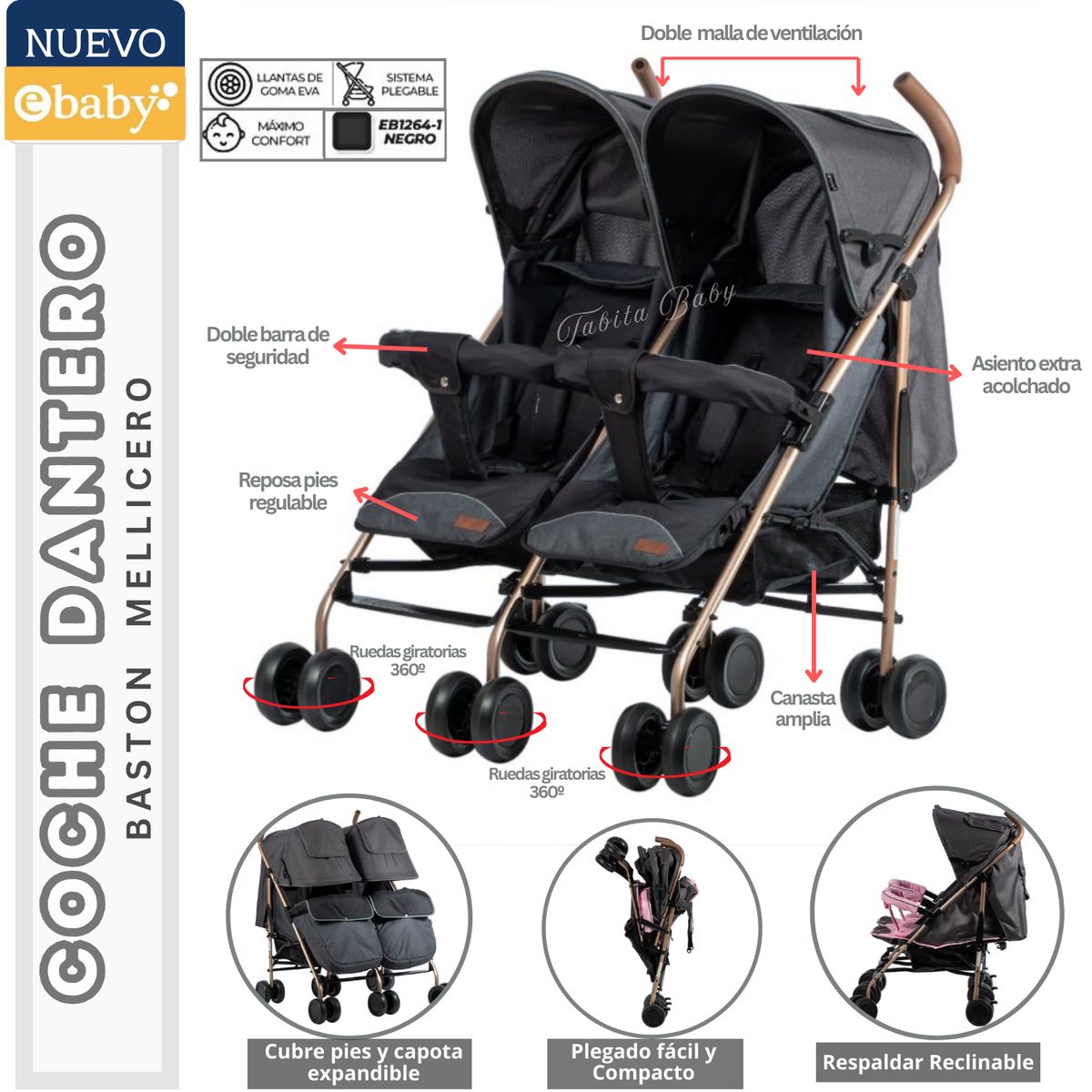 EBABY - Coche bastón Gemelar para bebé Dantero Negro Ebaby