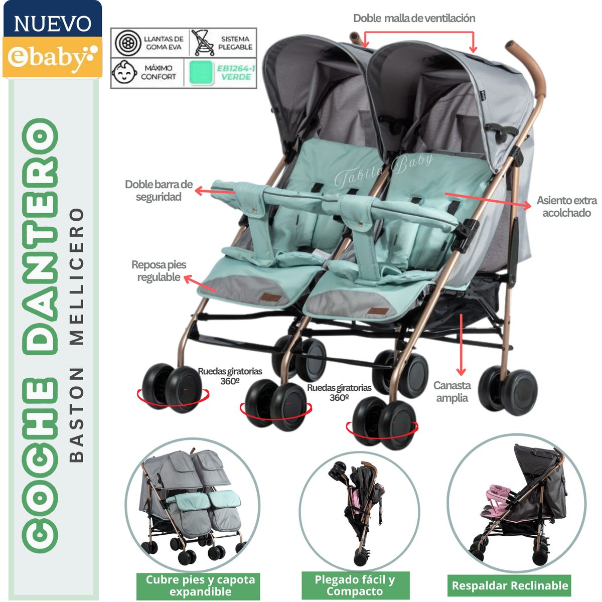 EBABY - Coche bastón Gemelar para bebé Dantero Verde Ebaby