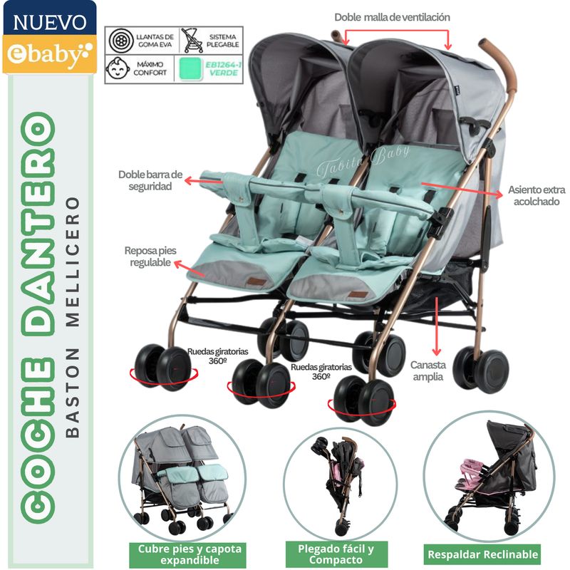 EBABY - Coche bastón Gemelar para bebé Dantero Verde Ebaby