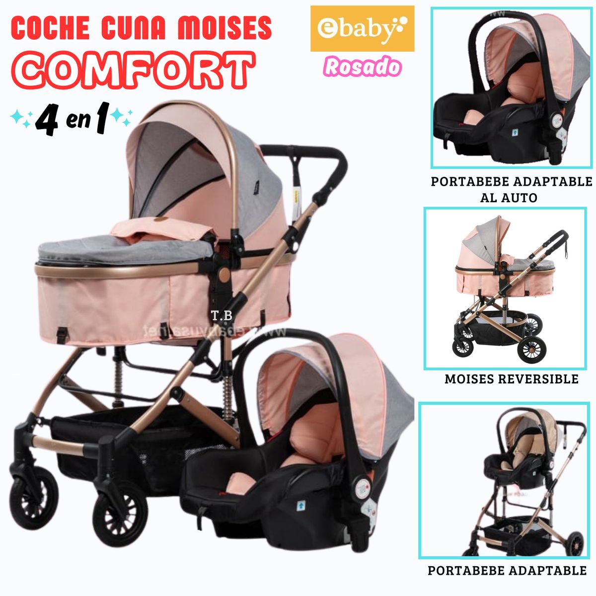 EBABY - COCHE CUNA COMFORT CON PORTABEBE ROSADO