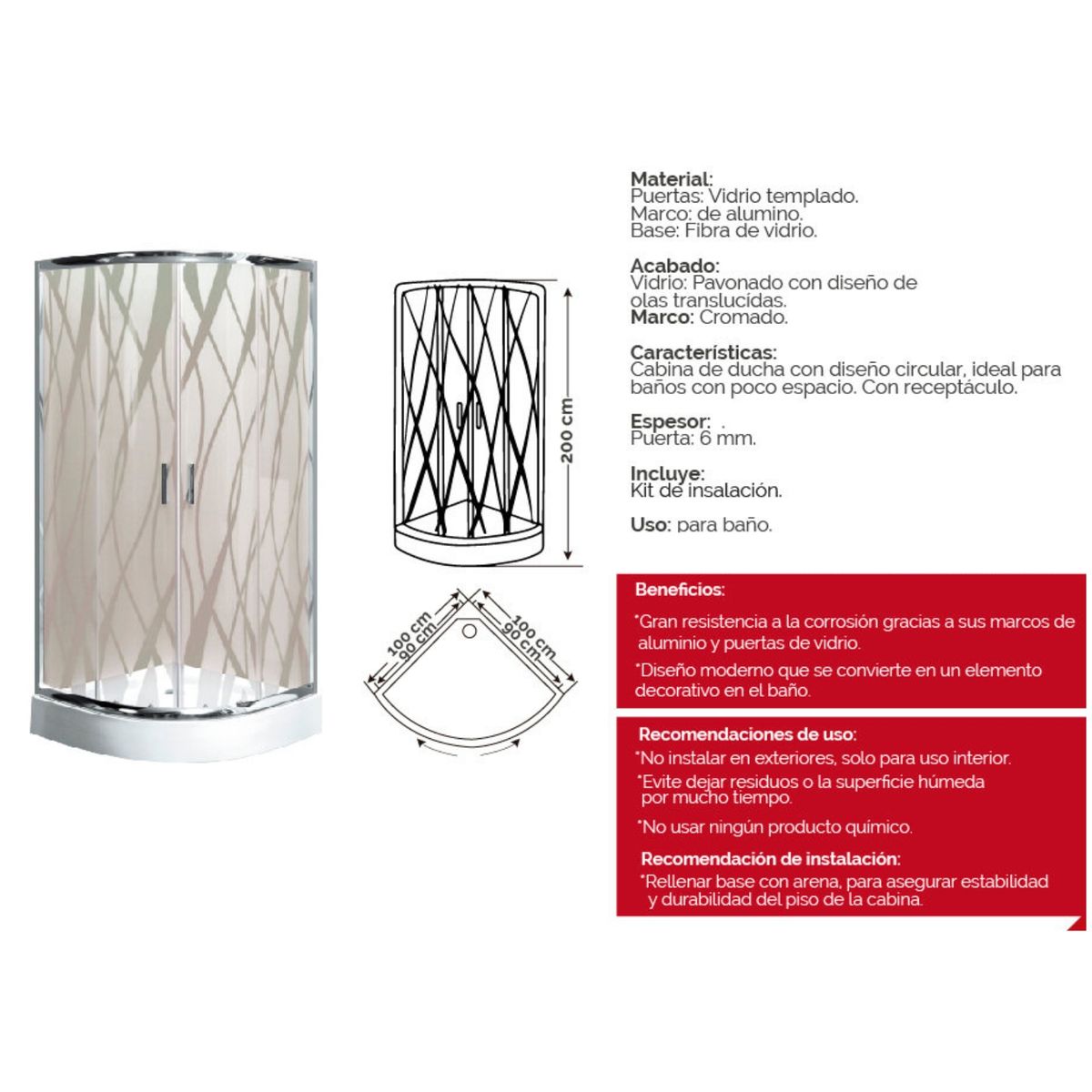 XM - Cabina de Ducha Pavonado con Ondas Translúcidas 200x100 más Base