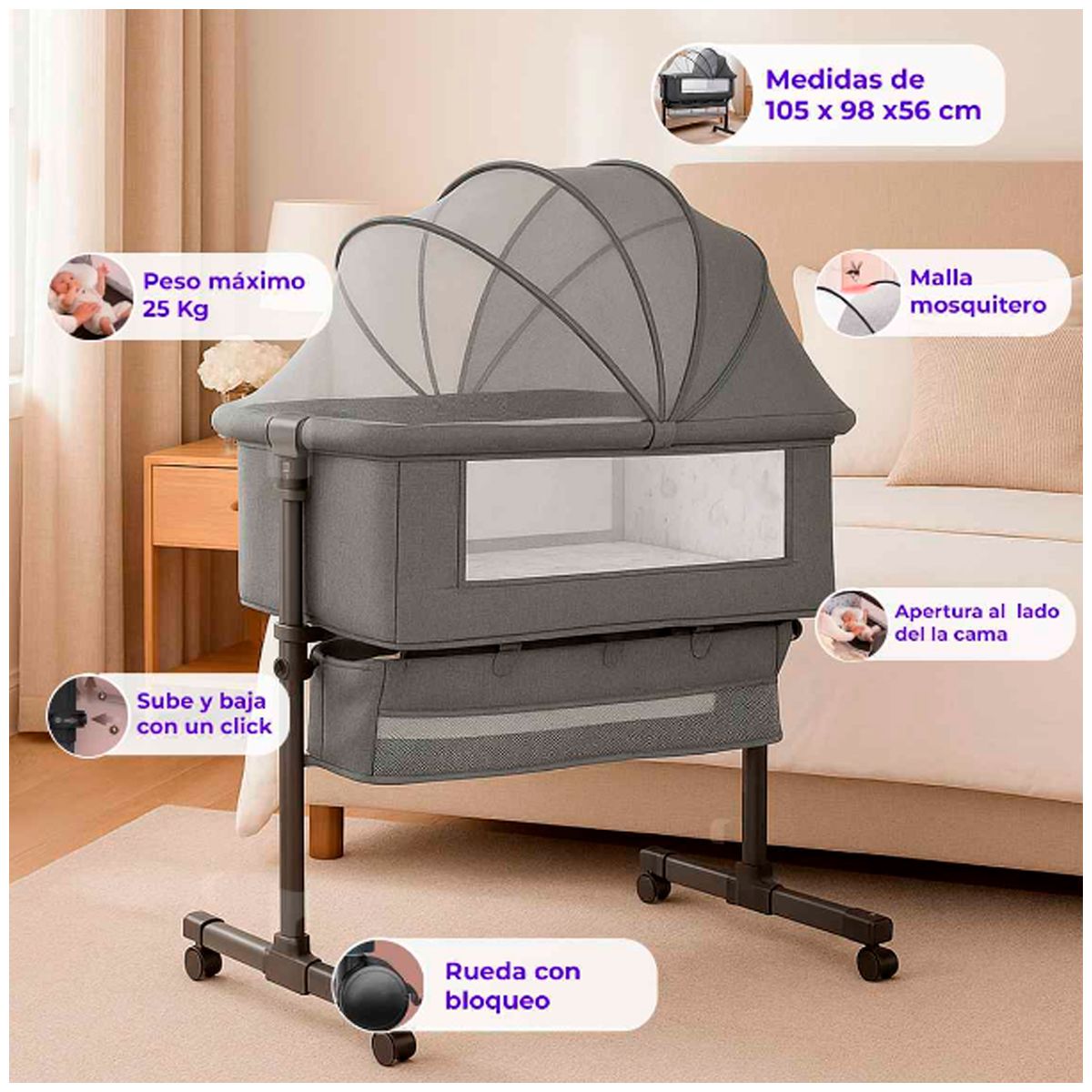 GENERICO - CUNA COLECHO PARA BEBES DELUXE GRIS