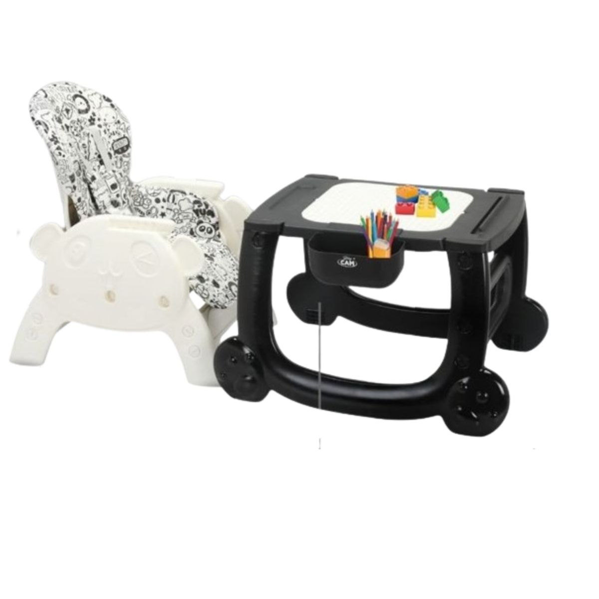 CAM - Silla de comer Carpeta con accesorios Panda 4 en 1 Negro