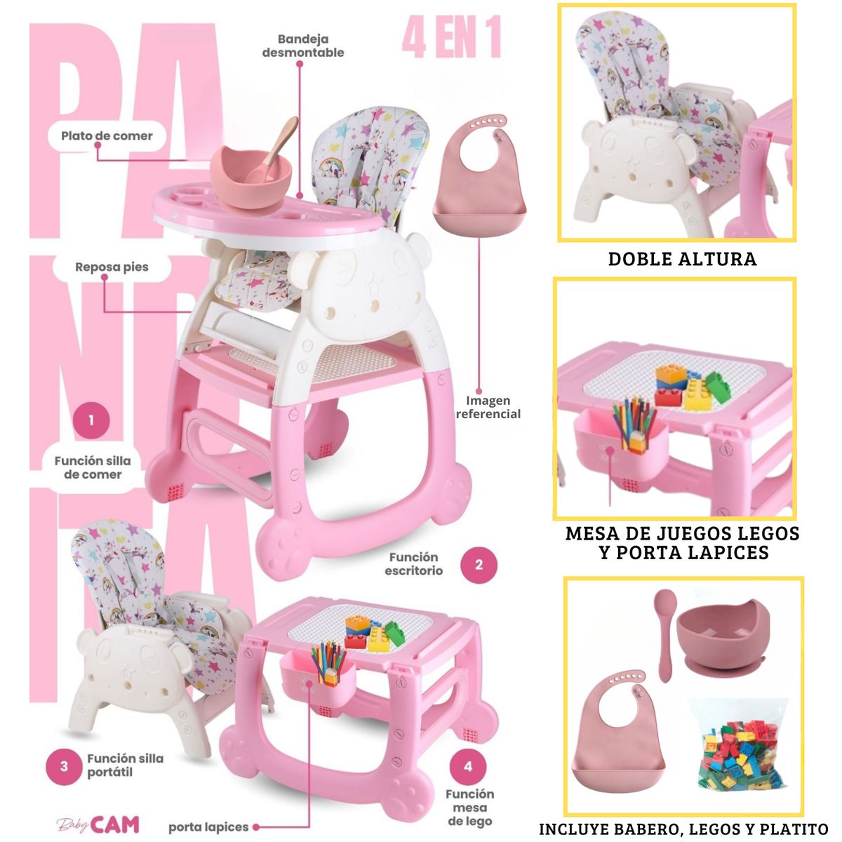 CAM - Silla de comer Carpeta con accesorios Panda 4 en 1 Rosado
