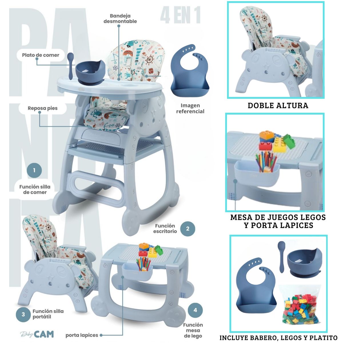 CAM - Silla de comer Carpeta con accesorios Panda 4 en 1 Celeste