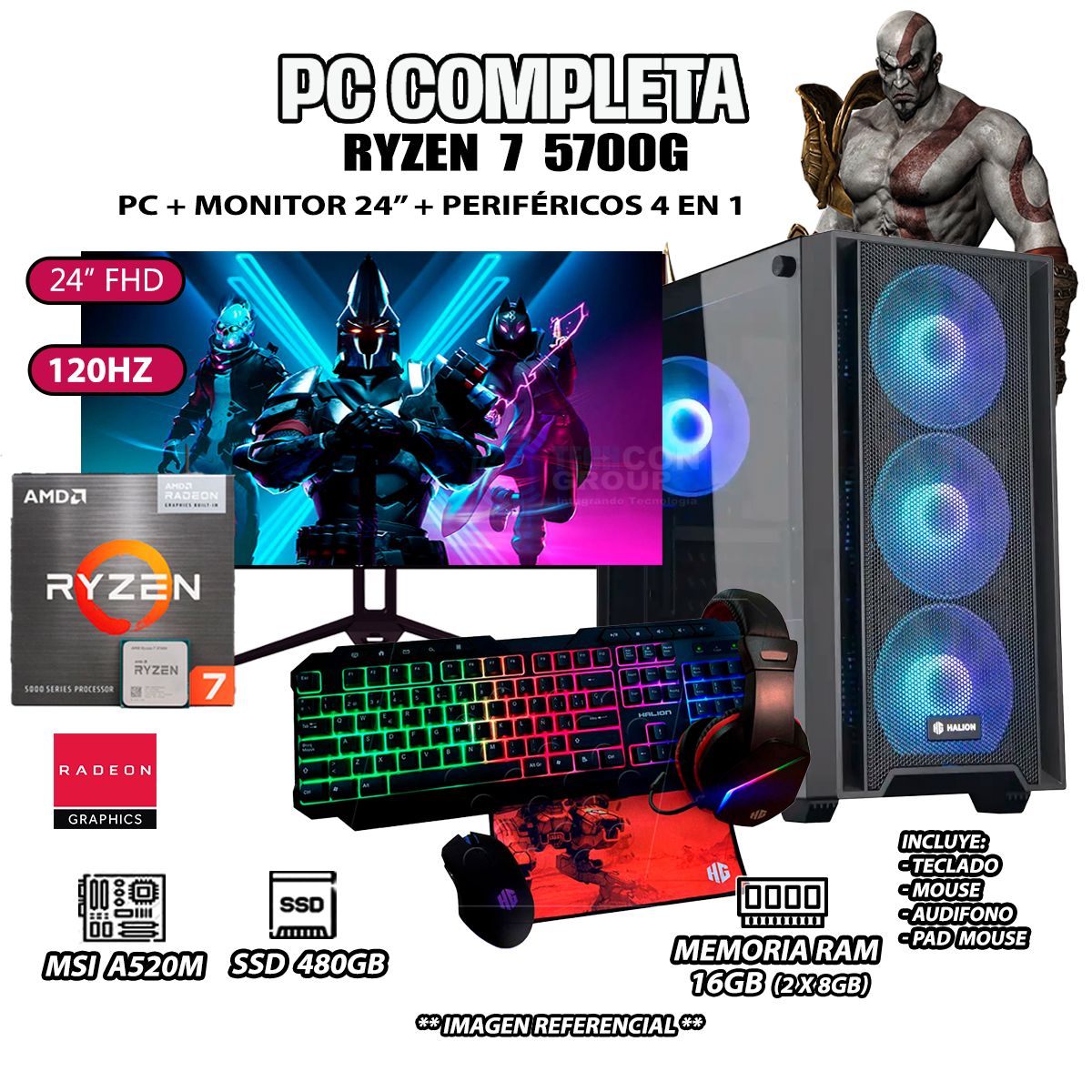 AMD - Computadora Completa Ryzen 7 5700G RAM 16GB DISCO SSD 500GB MONITOR 24" FHD