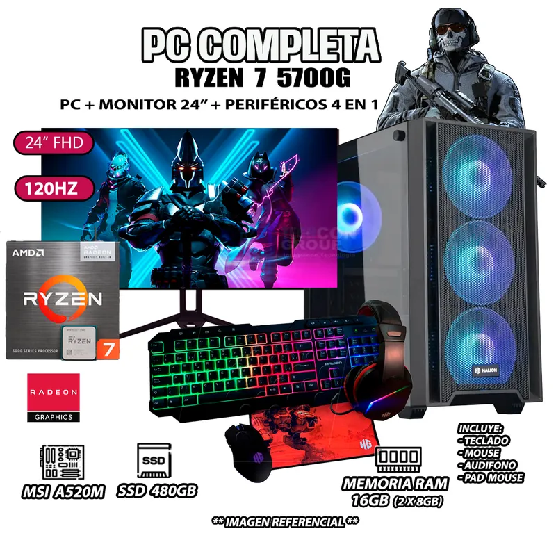 AMD - Computadora Completa Ryzen 7 5700G RAM 16GB DISCO SSD 500GB MONITOR 24" FHD