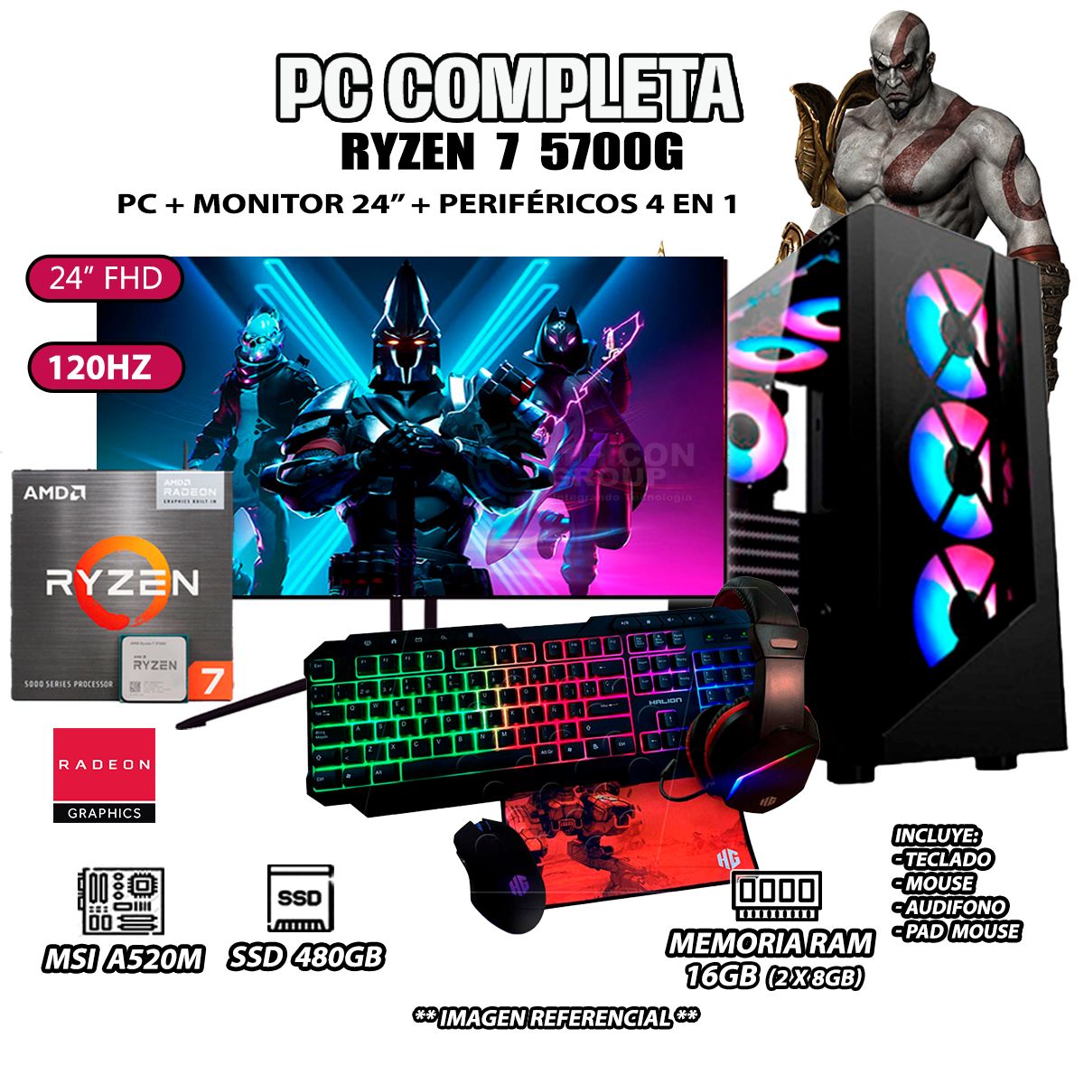 AMD - Computadora Completa Ryzen 7 5700G RAM 16GB DISCO SSD 500GB MONITOR 24" FHD