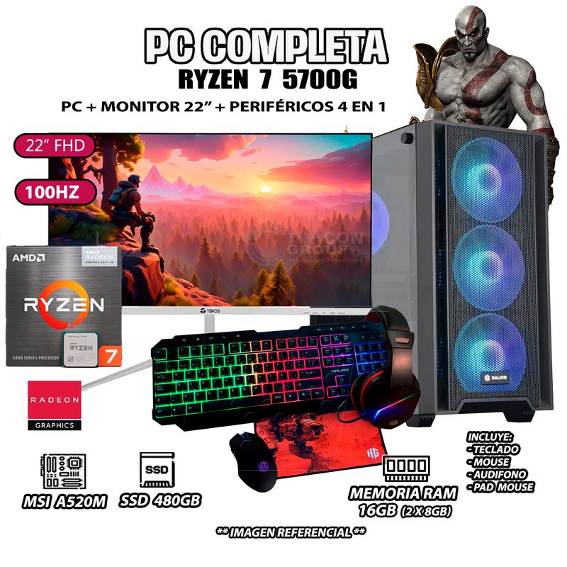 AMD - Computadora Completa Ryzen 7 5700G RAM 16GB DISCO SSD 500GB MONITOR 22" FHD