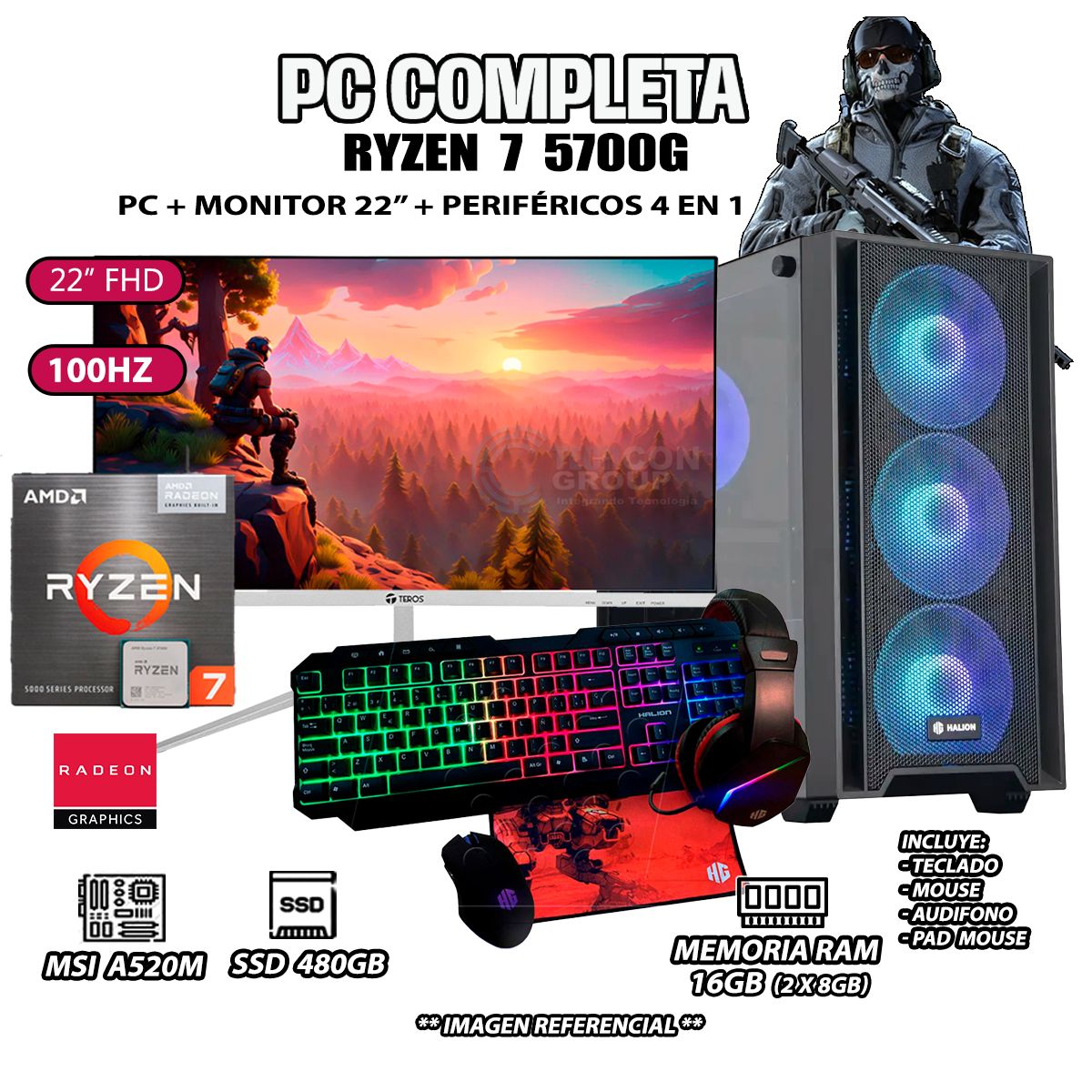 AMD - Computadora Completa Ryzen 7 5700G RAM 16GB DISCO SSD 500GB MONITOR 22" FHD