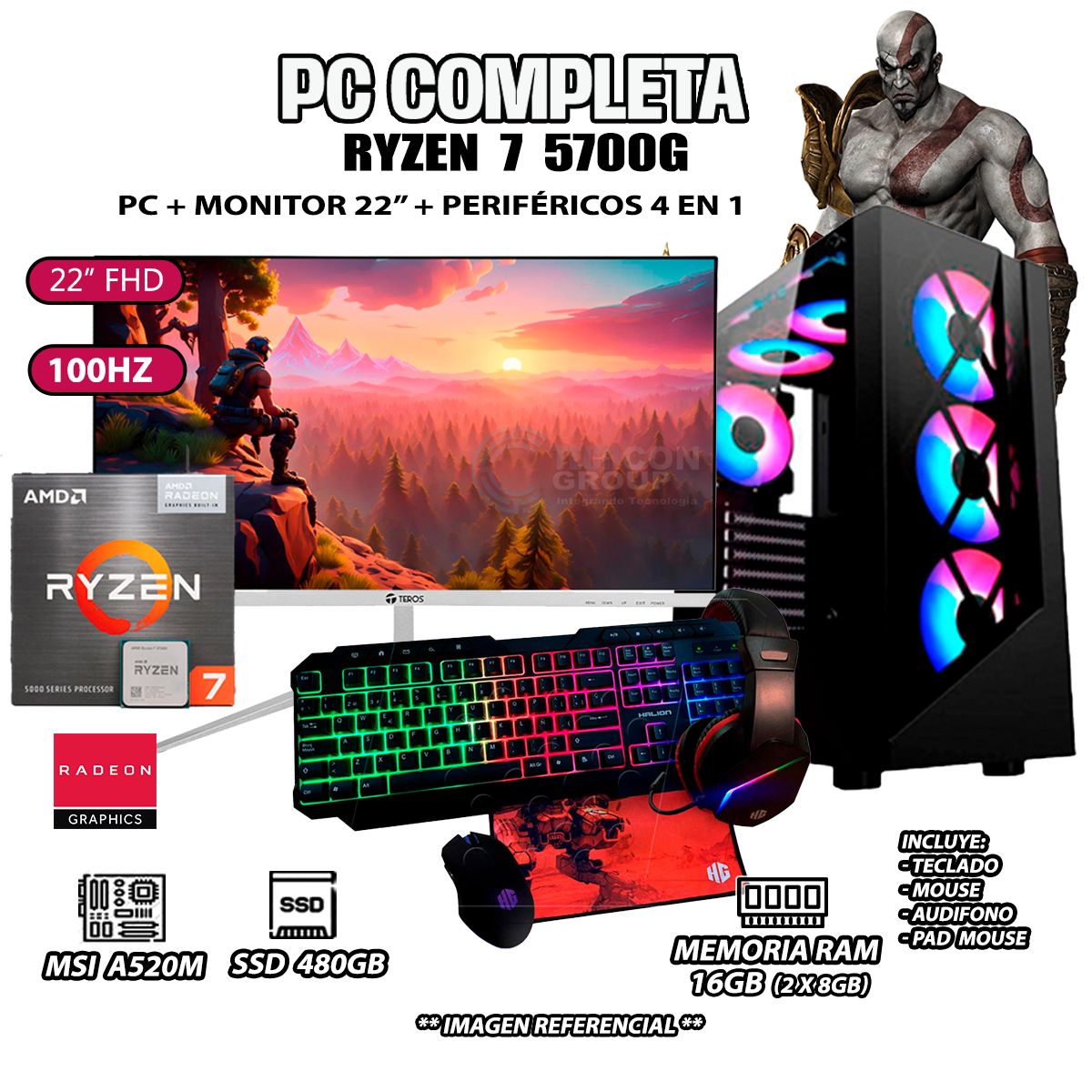 AMD - Computadora Completa Ryzen 7 5700G RAM 16GB DISCO SSD 500GB MONITOR 22" FHD