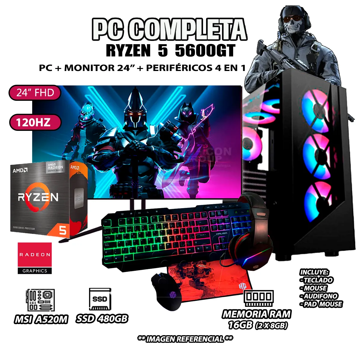 AMD - Computadora Completa Ryzen 5 5600GT RAM 16GB DISCO SSD 500GB MONITOR 24" FHD