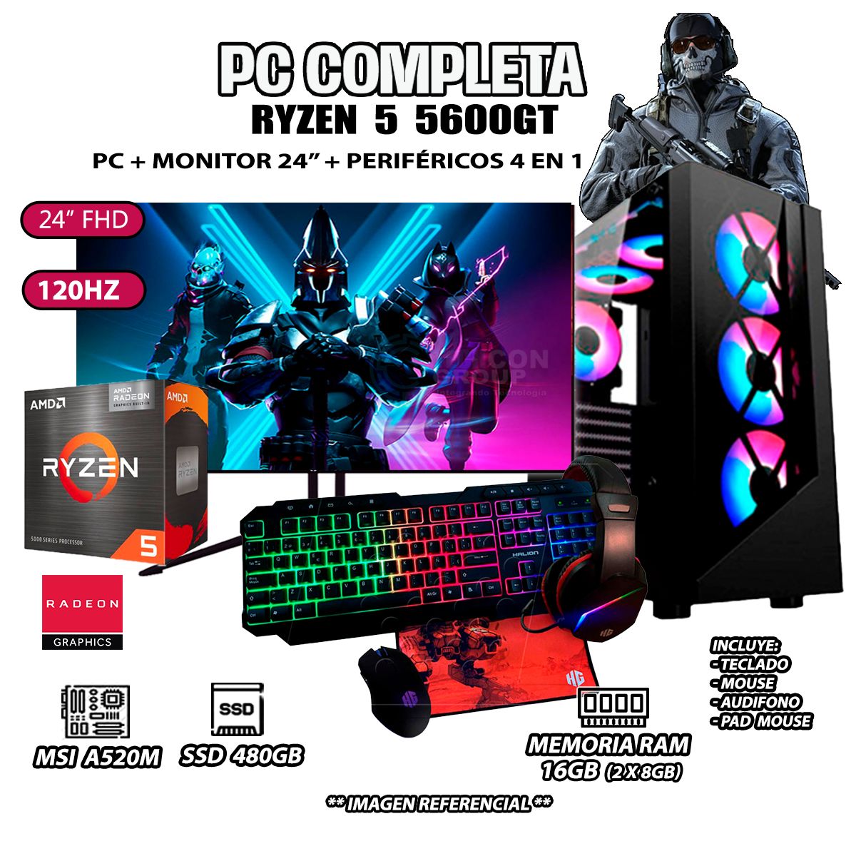 AMD - Computadora Completa Ryzen 5 5600GT RAM 16GB DISCO SSD 500GB MONITOR 24" FHD