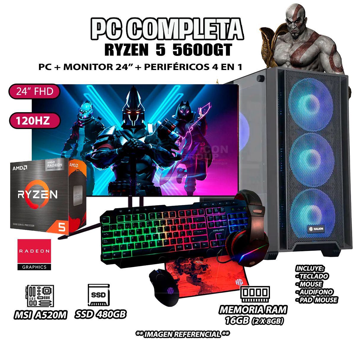 AMD - Computadora Completa Ryzen 5 5600GT RAM 16GB DISCO SSD 500GB MONITOR 24" FHD