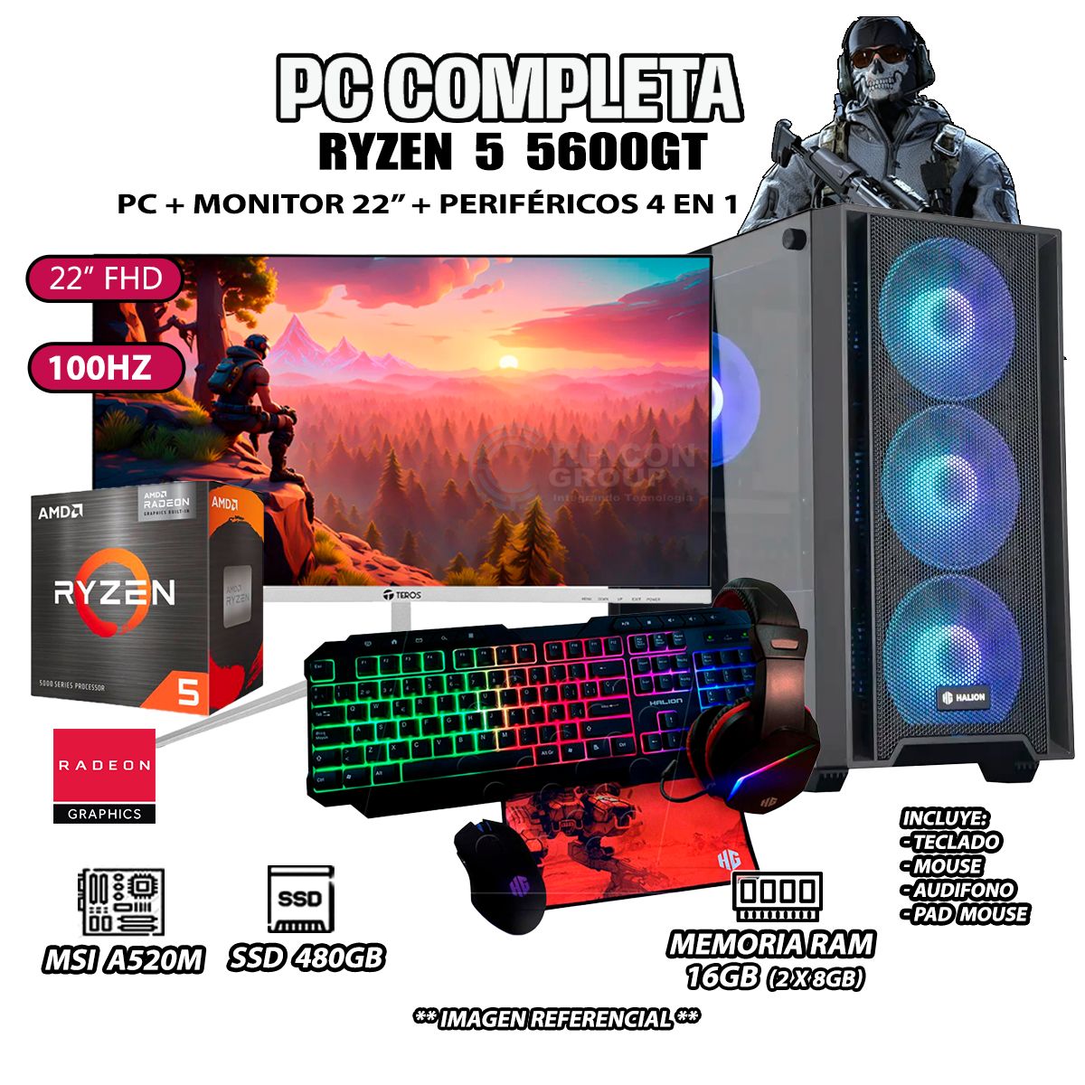 AMD - Computadora Completa Ryzen 5 5600GT RAM 16GB DISCO SSD 500GB MONITOR 22" FHD