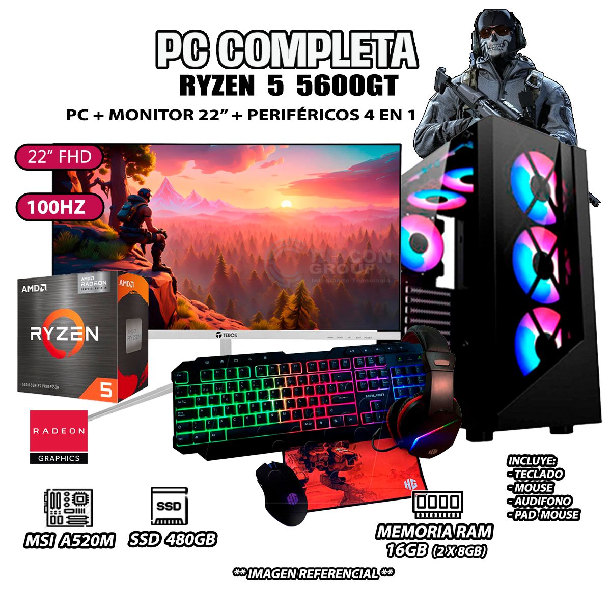 AMD - Computadora Completa Ryzen 5 5600GT RAM 16GB DISCO SSD 500GB MONITOR 22" FHD