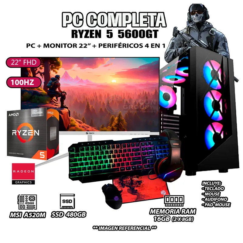 AMD - Computadora Completa Ryzen 5 5600GT RAM 16GB DISCO SSD 500GB MONITOR 22" FHD