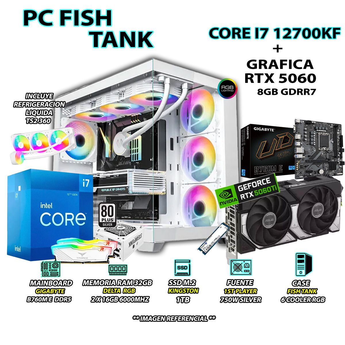 INTEL - Computadora PC Gamer Core i7 12700KF RAM DDR5 32GB SSD 1TB GRAFICA RTX 5060 8GB