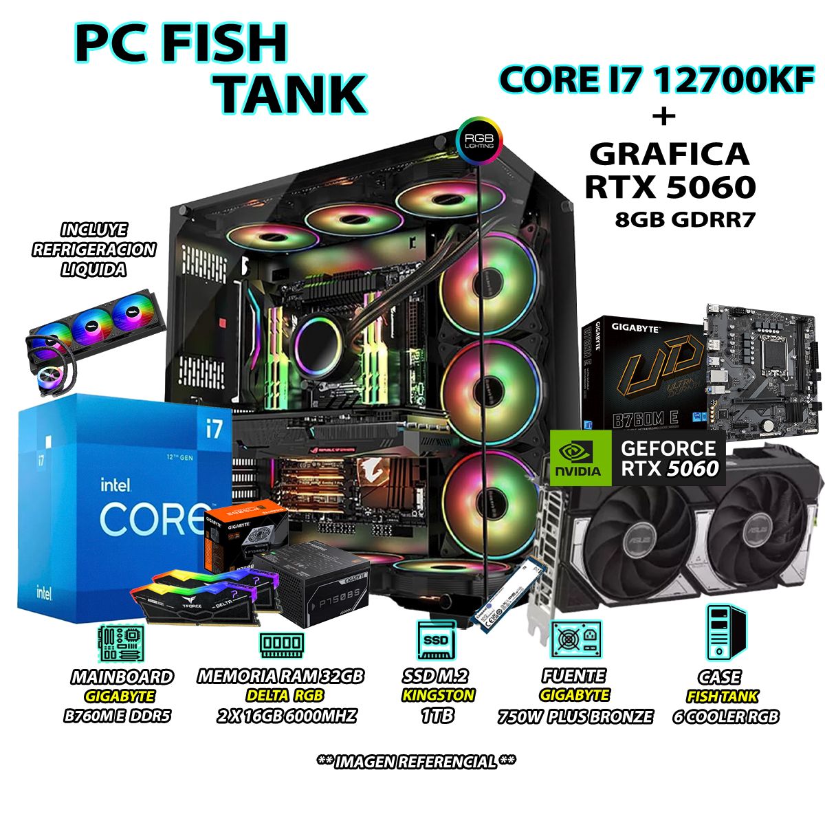 INTEL - Computadora PC Gamer Core i7 12700KF RAM 32GB SSD 1TB GRAFICA RTX 5060 8GB